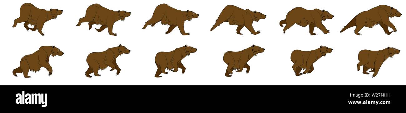Frame di animazione del ciclo Bear Run, foglio di sprite della sequenza di animazione del ciclo loop Illustrazione Vettoriale