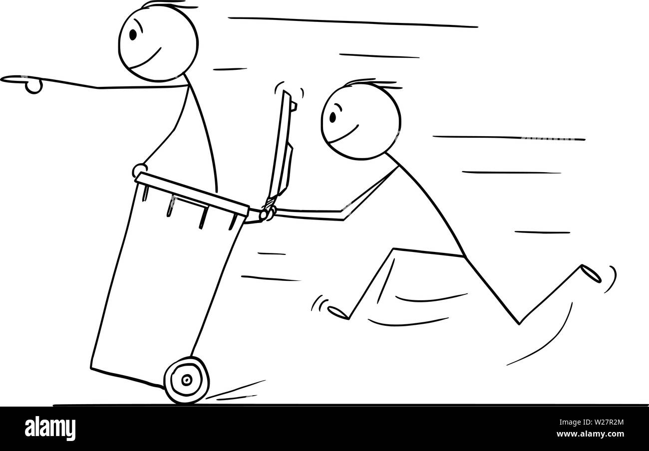 Vector cartoon stick figura disegno illustrazione concettuale dell'uomo o imprenditore spingendo un altro uomo nel bidone con ruote. Illustrazione Vettoriale