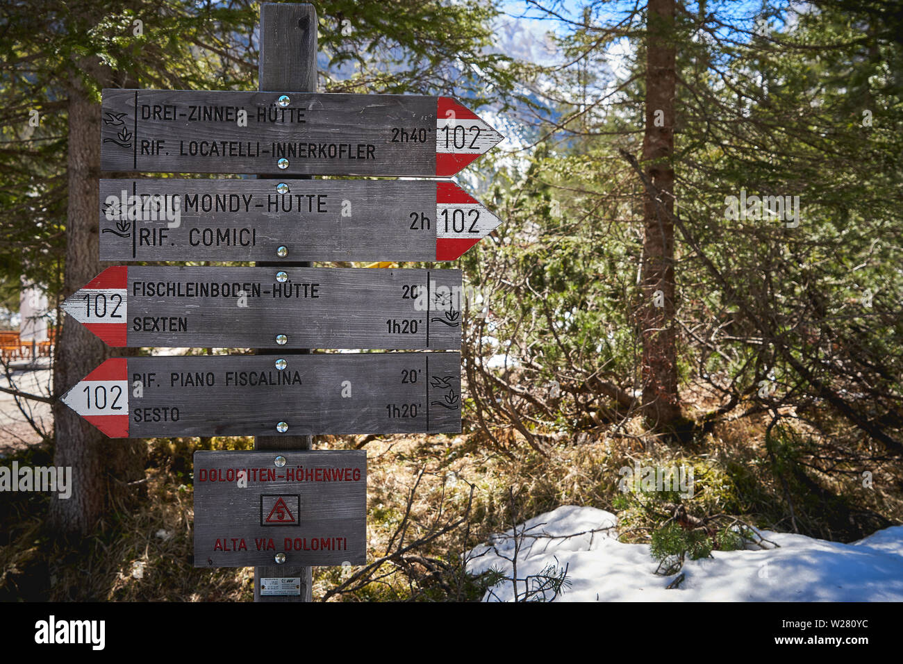Di legno sentiero escursionistico indicazioni su un palo lungo un sentiero sulle Dolomiti Alpi della regione Trentino Alto Adige (Italia). Formato orizzontale. Foto Stock