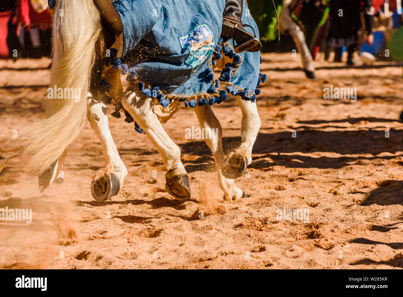 Dettaglio delle gambe dei cavalli al galoppo adornata come supporti medievale montati da cavalieri durante un festival. Foto Stock