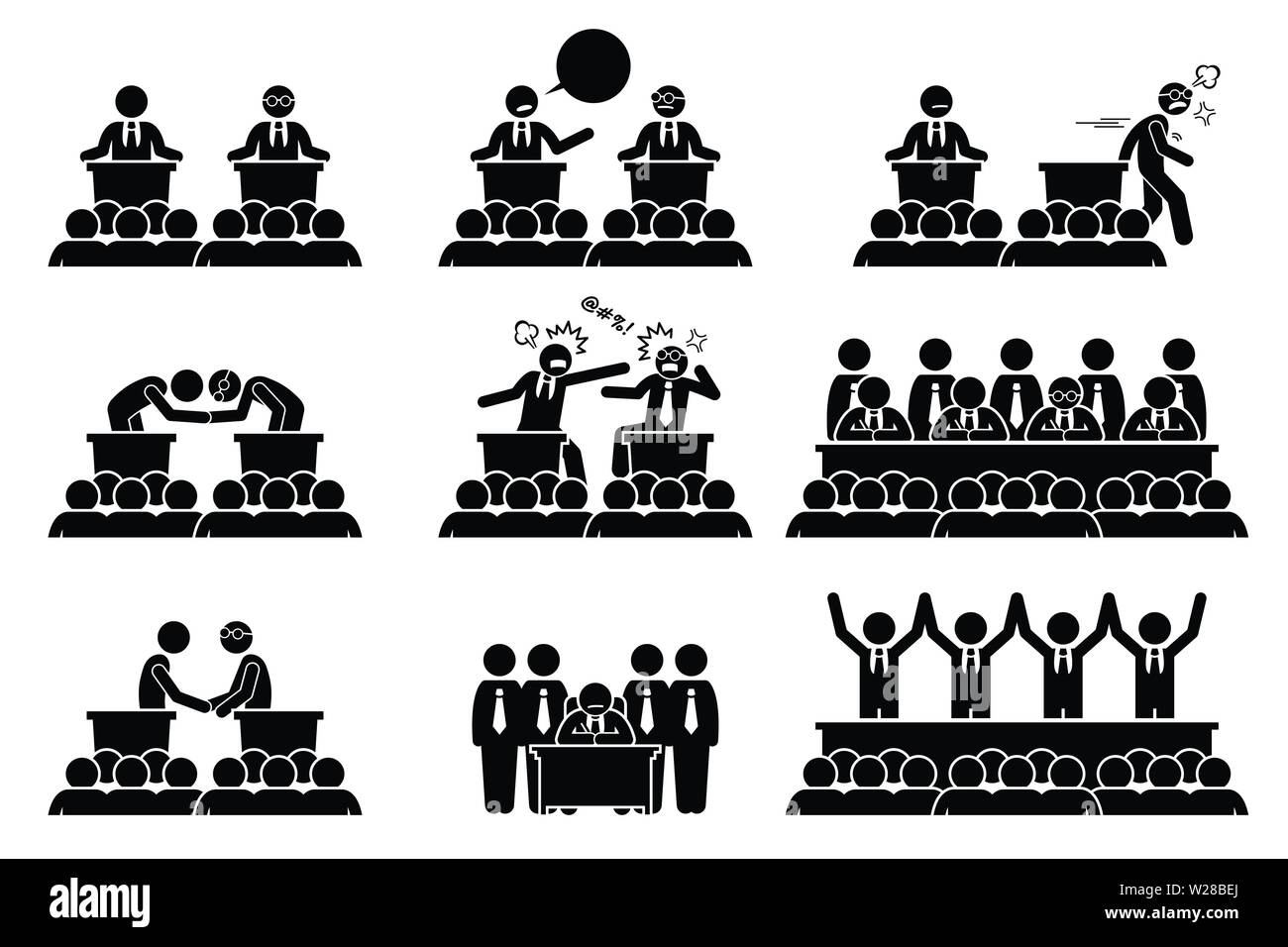 Politici, presidente o primi ministri di discutere, di lotta e di concordare su questioni nazionali e internazionali. Paese leader firma accordo, cont Illustrazione Vettoriale