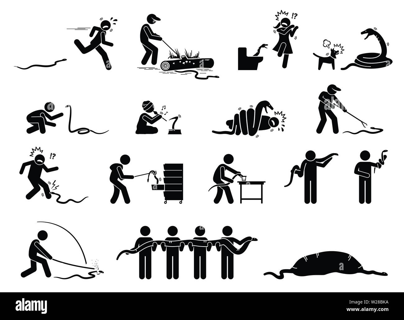 Umano e snake pittogrammi icone. Le illustrazioni mostrano la gente ha paura, esecuzione di distanza, le catture, cattura, picchiato, ingerito e uccisione di snake. Illustrazione Vettoriale