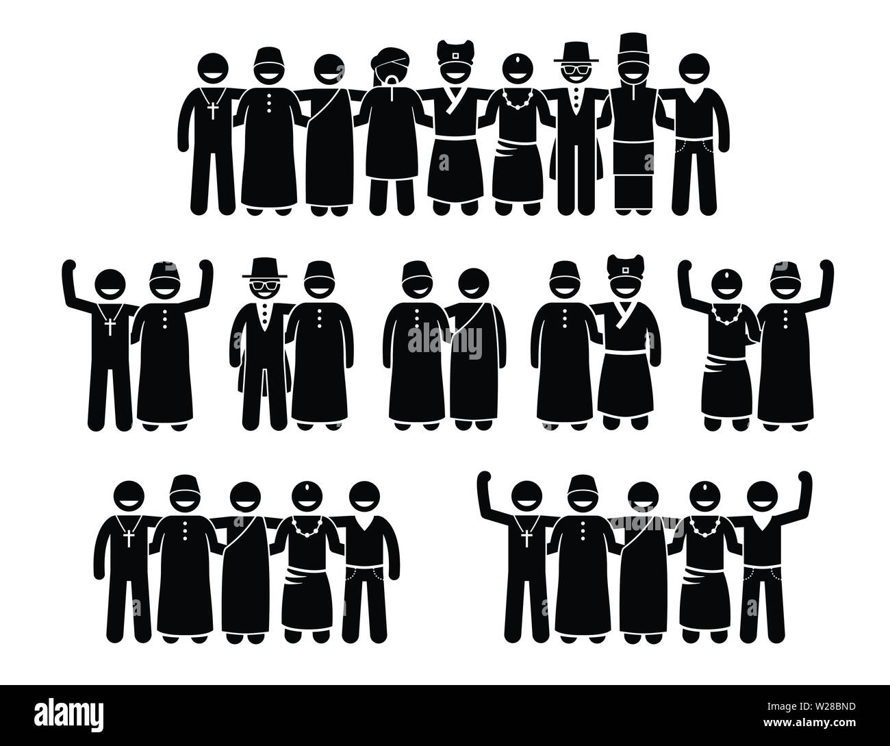 Coltura mista, multirazziale e multiculturale, e pacifica delle religioni umane insieme permanente. Illustrazioni vettoriali ritrae persone di differenti religioni sta Illustrazione Vettoriale