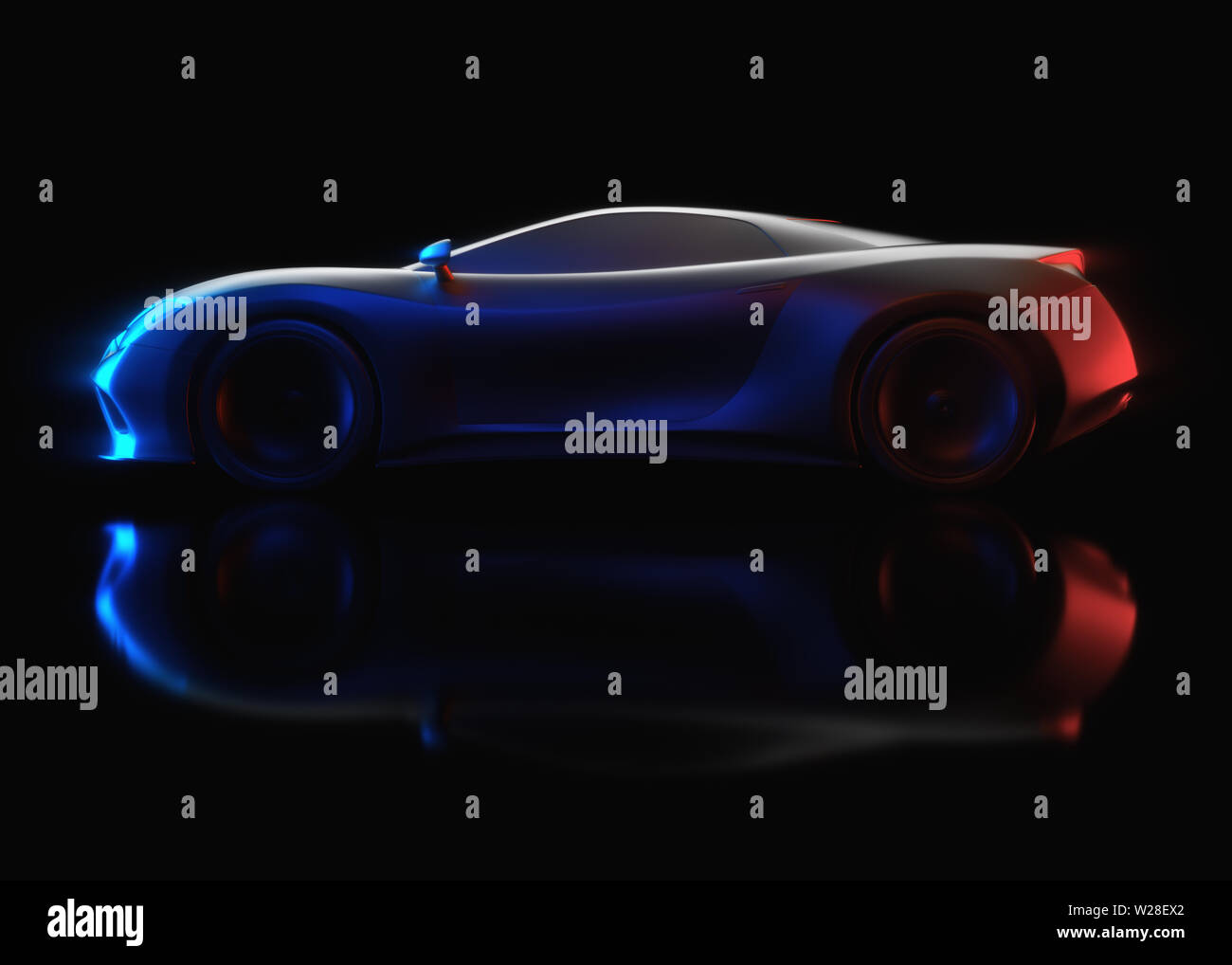 Auto sportiva concetto realizzato nel software 3D. Concetto di immagine del prototipo e prove di aerodinamica. Foto Stock