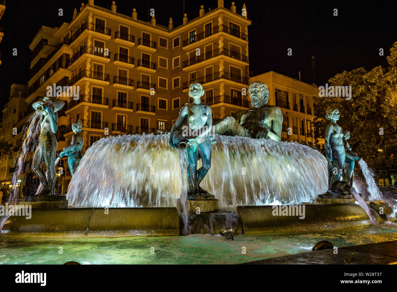 Turia Fontana sulla Piazza di Santa Vergine Maria, Valencia, Spagna. Foto Stock