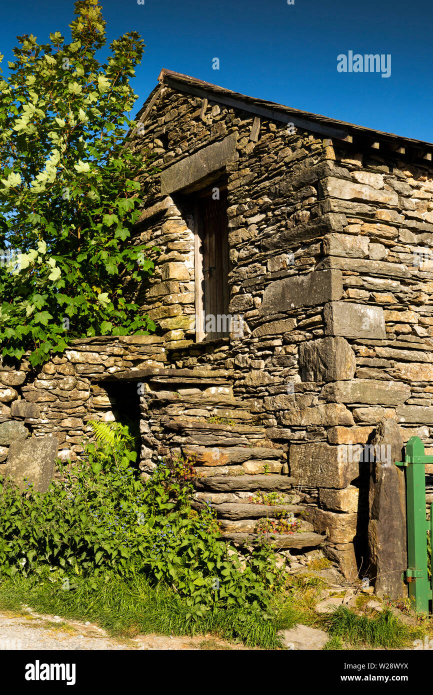 Regno Unito, Cumbria, Hawkshead, lungi Sawrey, gradini in pietra al piano superiore del costruito tradizionalmente barn Foto Stock