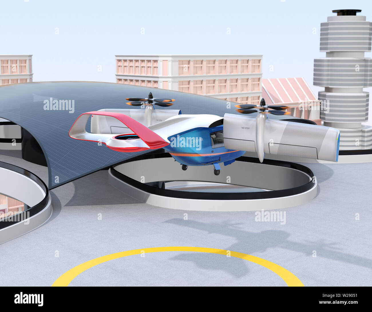 E-VTOL aeromobili passeggeri decollare da un aeroporto urbano. Urbano di passeggeri il concetto di mobilità. Il rendering 3D'immagine. Foto Stock