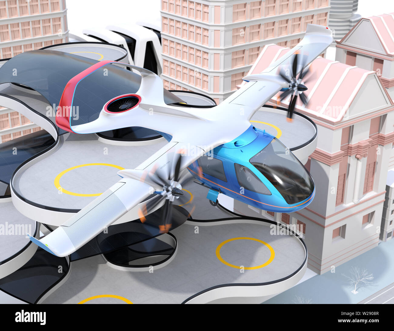E-VTOL aeromobili passeggeri decollare da un aeroporto urbano. Urbano di passeggeri il concetto di mobilità. Il rendering 3D'immagine. Foto Stock
