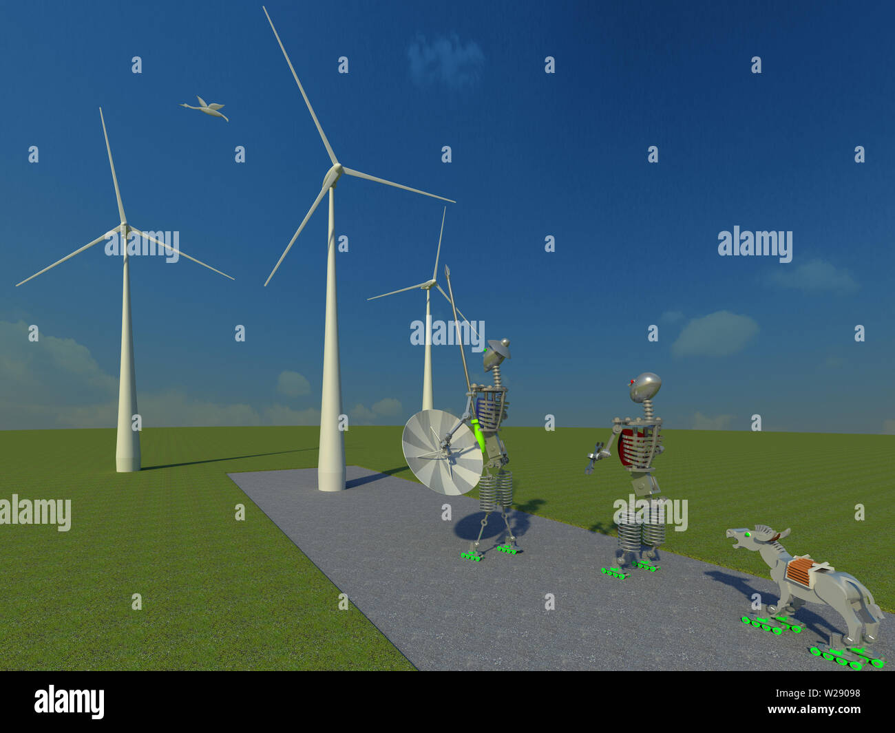 Don Chisciotte si muove con i tempi 3D'illustrazione 3. Robot caratteri rispetto ai mulini a vento, prospettiva, futuristico, sullo sfondo del cielo. Collezione. Foto Stock