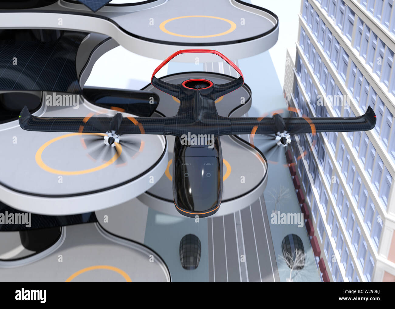 Vista frontale di E-VTOL aeromobili passeggeri decollare da un aeroporto urbano. Urbano di passeggeri il concetto di mobilità. Il rendering 3D'immagine. Foto Stock