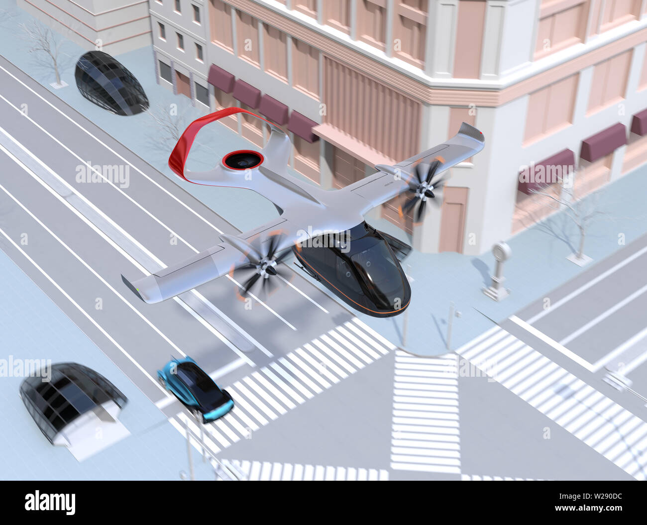 E-VTOL aeromobili passeggeri battenti su strada urbana. Urbano di passeggeri il concetto di mobilità. Il rendering 3D'immagine. Foto Stock