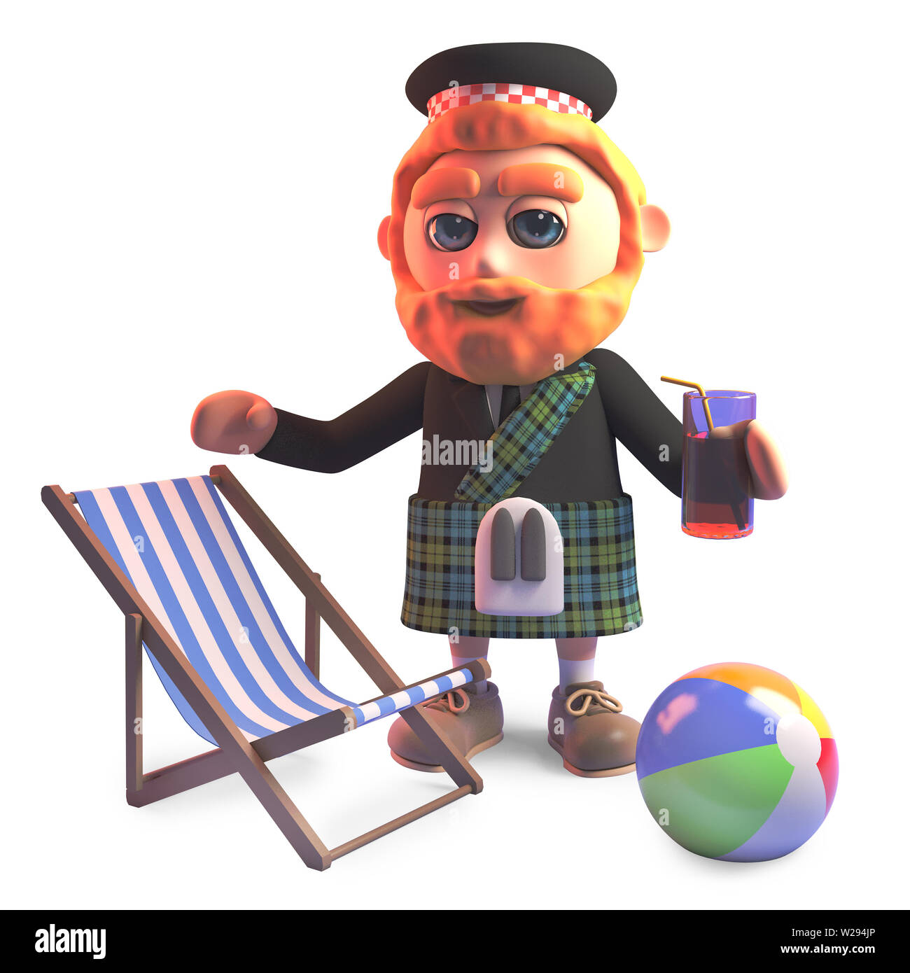 In vacanza uomo scozzese in kilt con sdraio e bere, 3D render illustrazione Foto Stock