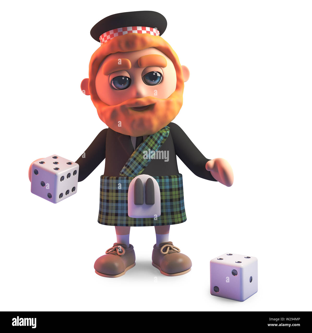 Il gioco d'azzardo uomo scozzese in kilt suona con i dadi, 3D render illustrazione Foto Stock
