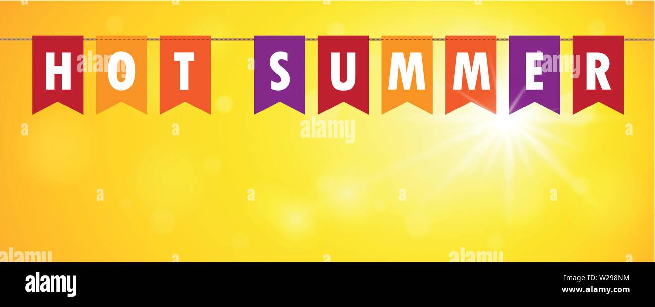 Hot Summer Party bandiere banner giallo su sfondo soleggiato illustrazione vettoriale EPS10 Illustrazione Vettoriale