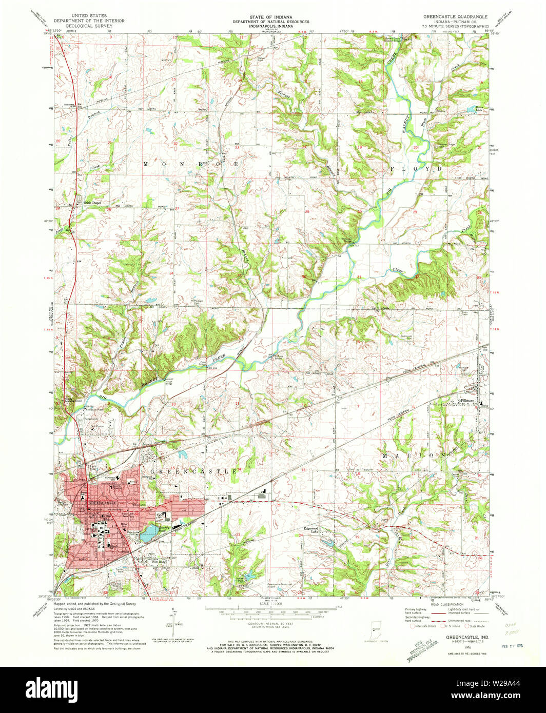 USGS TOPO Map Indiana IN Greencastle 156559 1970 24000 Restauro Foto Stock