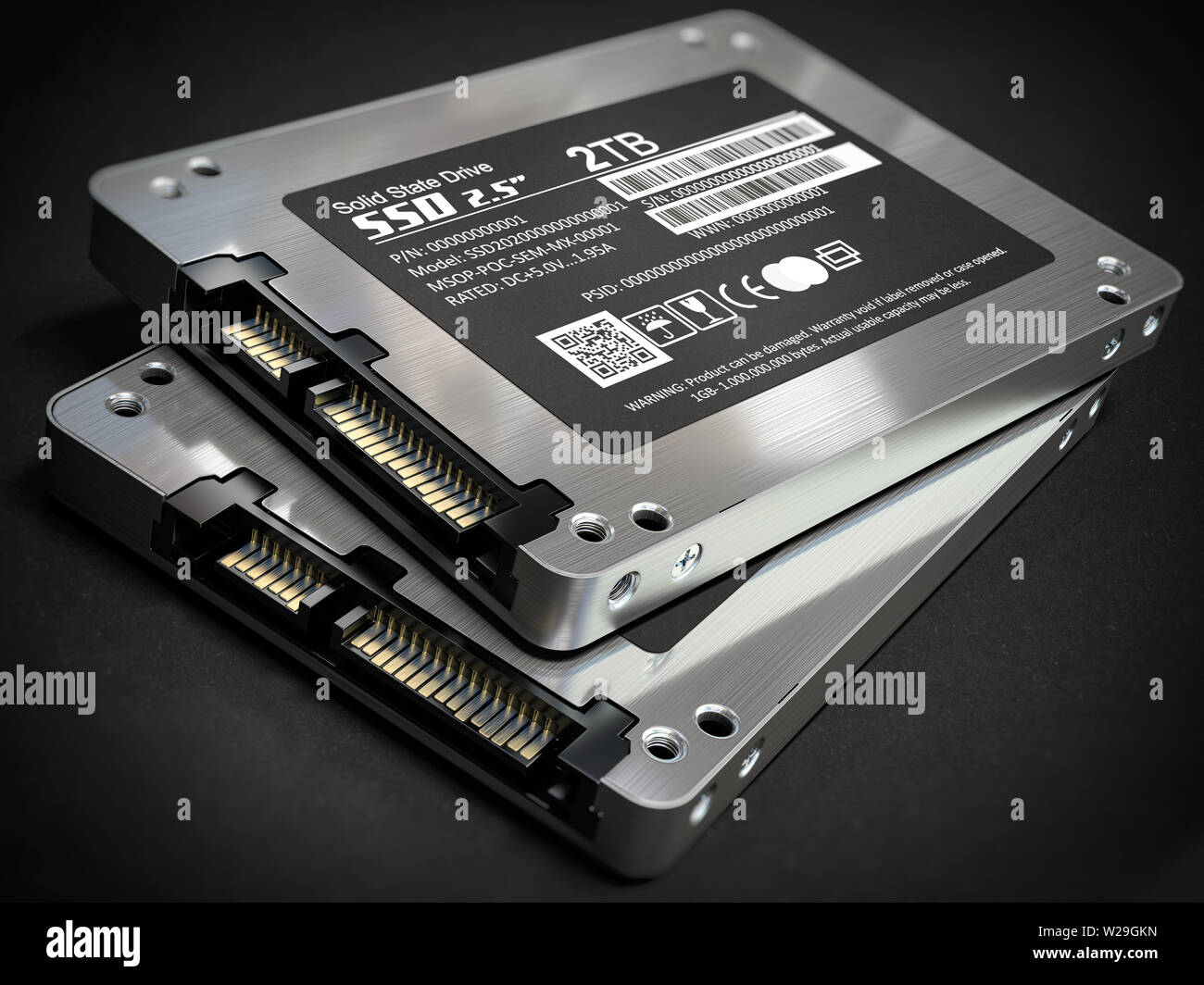 SSD stato solido dischi rigidi su sfondo nero. 3d illustrazione Foto Stock