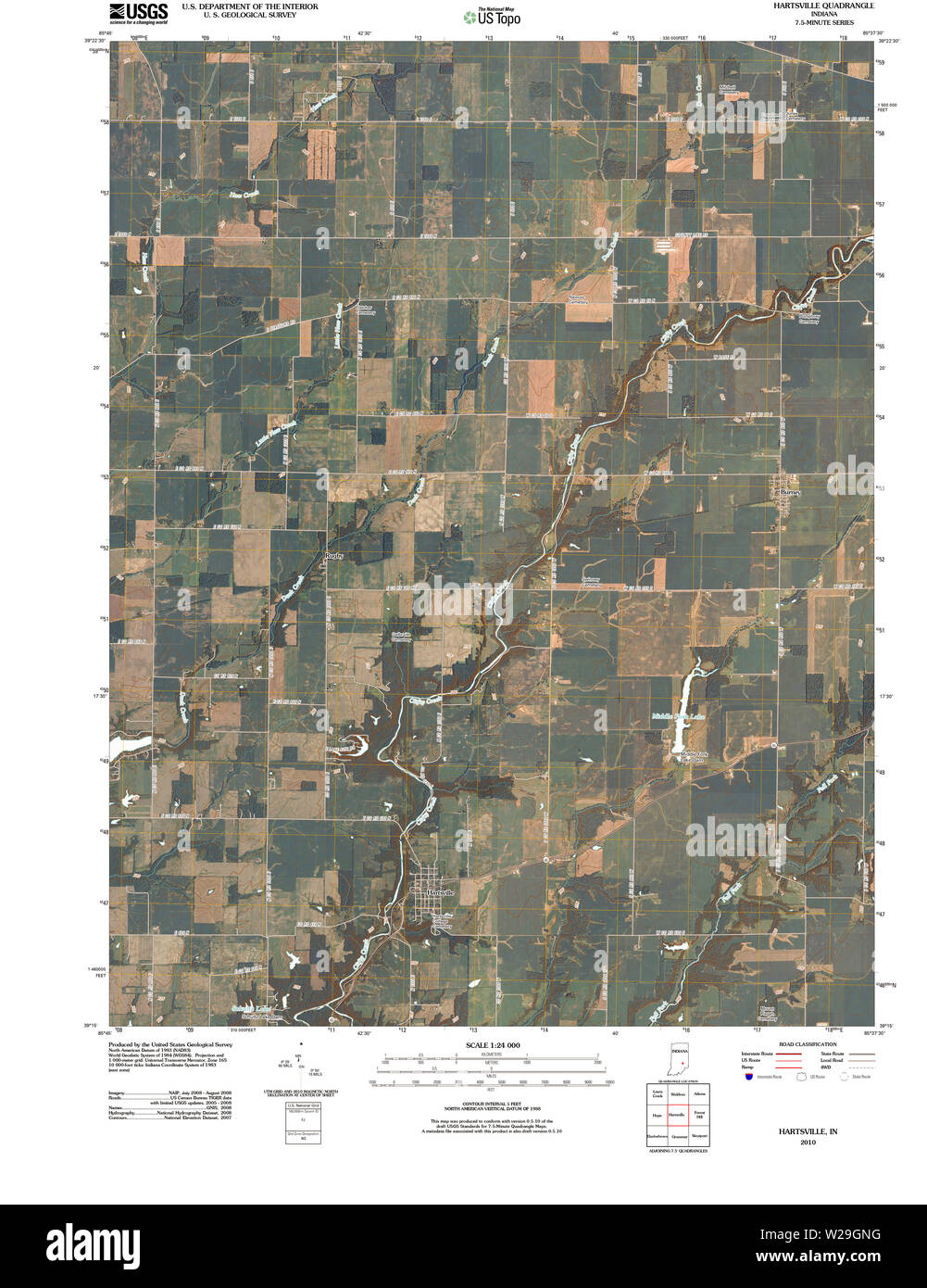 USGS TOPO Map Indiana IN Hartsville 20100528 TM il restauro Foto Stock