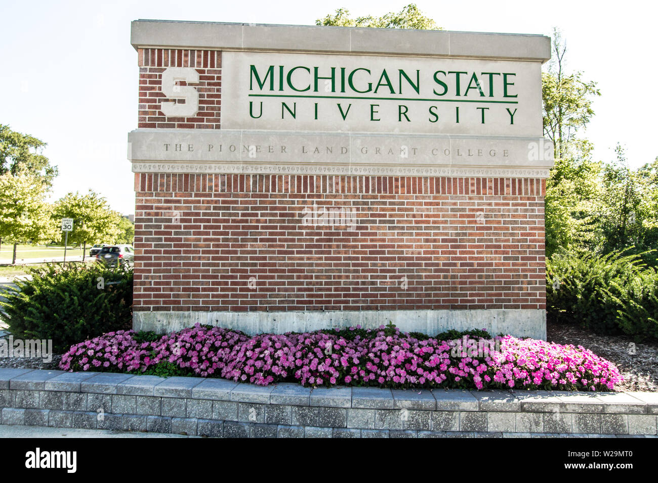 East Lansing, Michigan, Stati Uniti d'America - 17 Settembre 2018: segno per il Michigan State University campus. MSU è la casa del Michigan State Spartans. Foto Stock