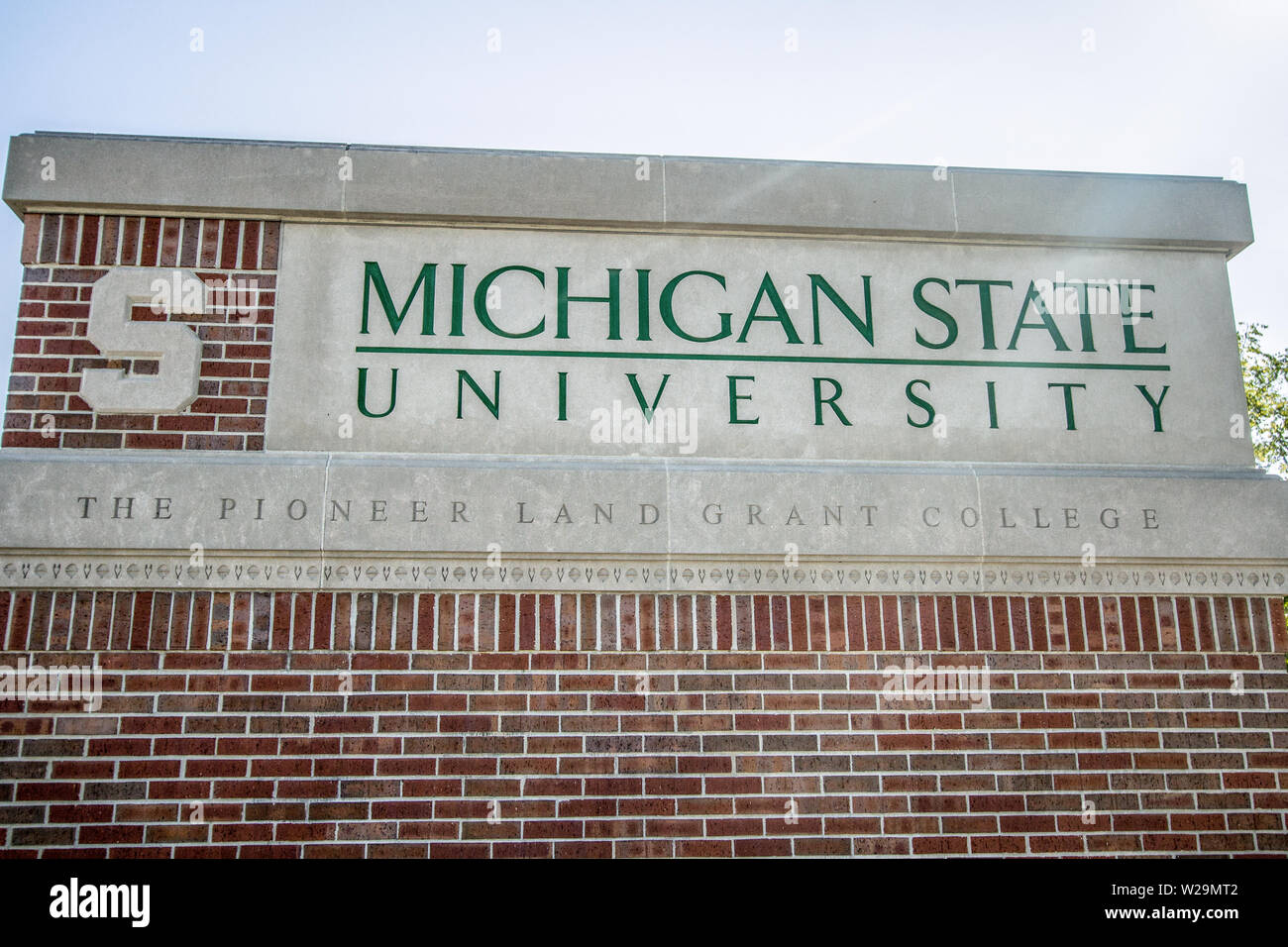 East Lansing, Michigan, Stati Uniti d'America - 17 Settembre 2018: segno per il Michigan State University campus. MSU è la casa del Michigan State Spartans. Foto Stock