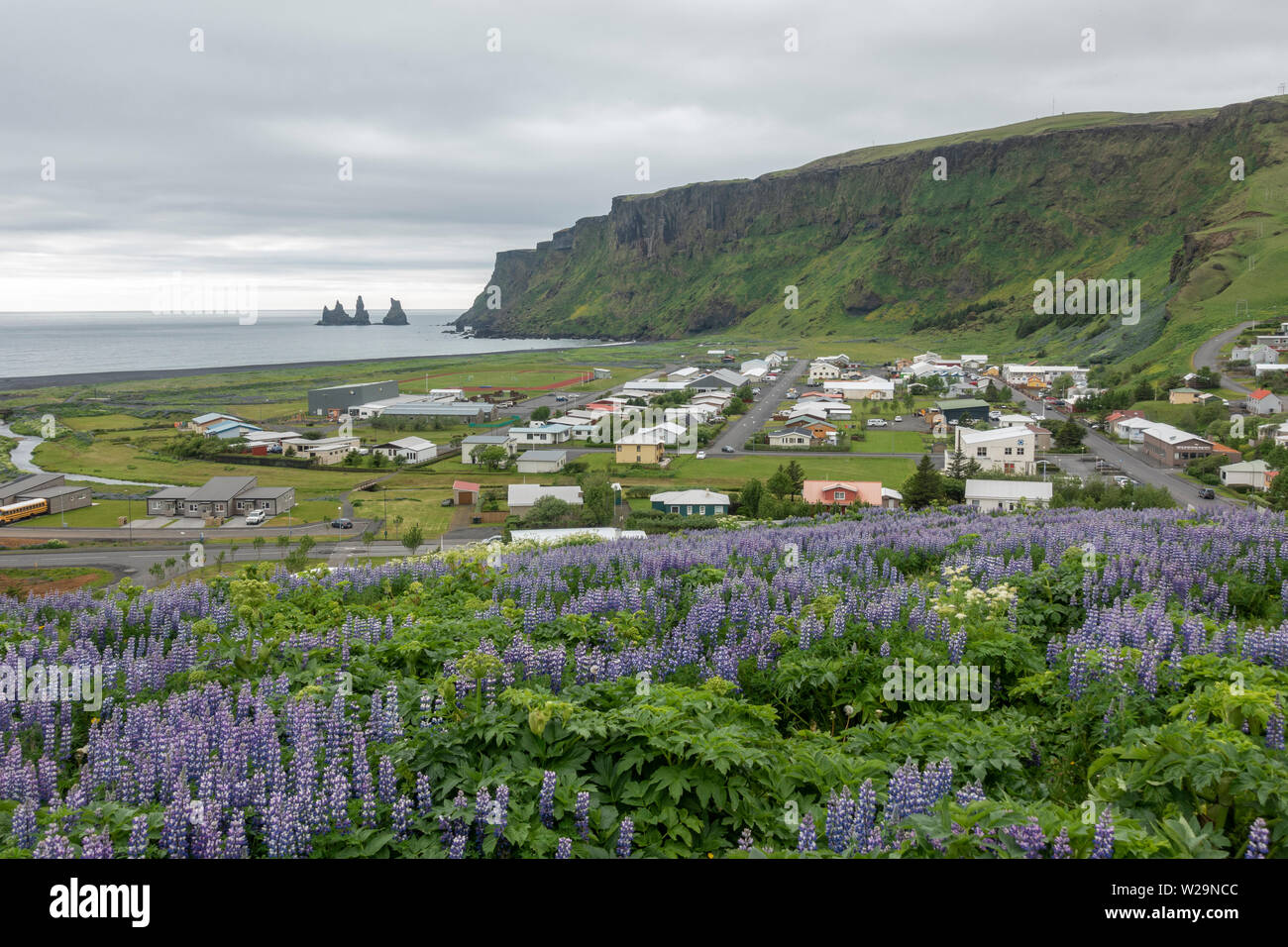 Vista generale sulla città di Vik, sud dell'Islanda. Foto Stock