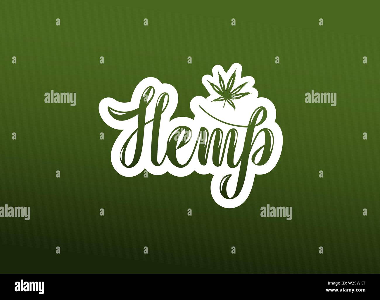 Illustrazione Vettoriale per tema ambientale con una frase scritta a mano - la canapa. Lettering. Parola isolata. Il testo in verde e foglia di canapa. Slogan. Per medicina, Illustrazione Vettoriale