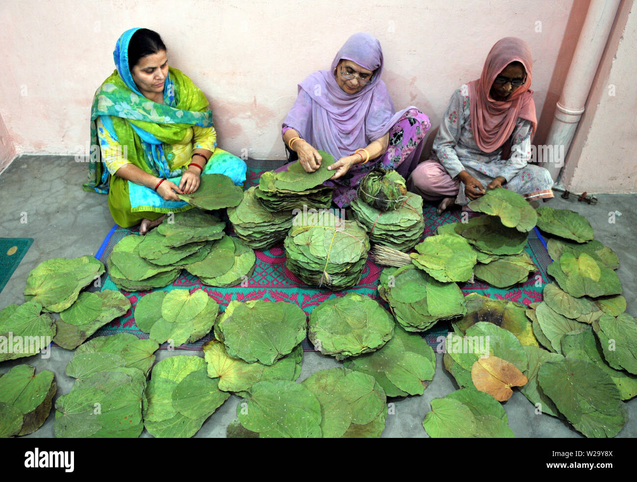 Jammu, India. 07 Luglio, 2019. Le donne fanno le piastre di foglia in Jammu, capitale invernale di Indiano-Kashmir controllata, Luglio 7, 2019. Credito: Xinhua/Alamy Live News Foto Stock