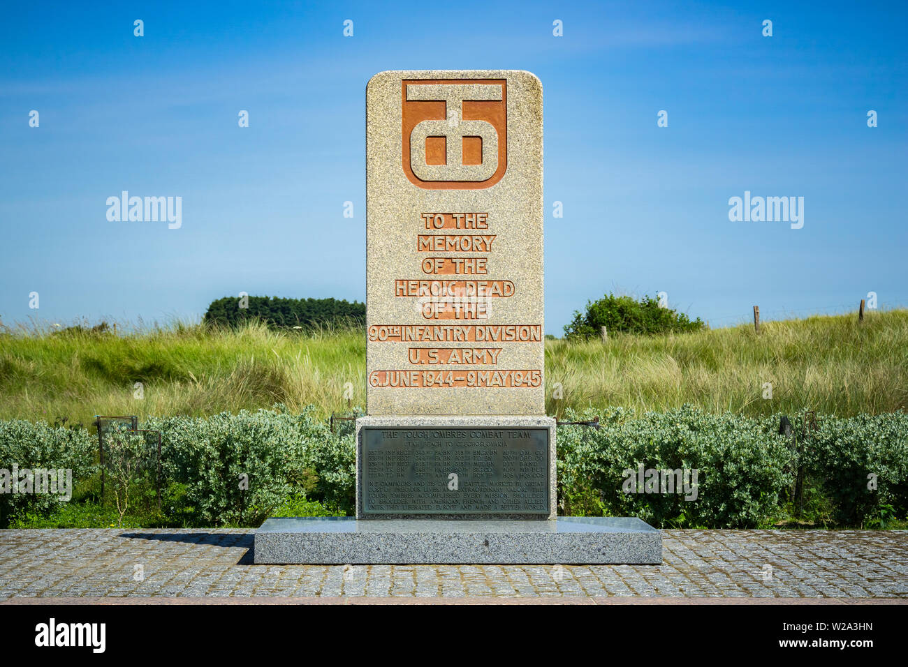 La Seconda Guerra Mondiale il D-Day US Army novantesimo di divisione di fanteria memorial al di fuori dell'Utah Beach Museum, Ste-Marie-du-Mont, Normandia, Francia. Foto Stock