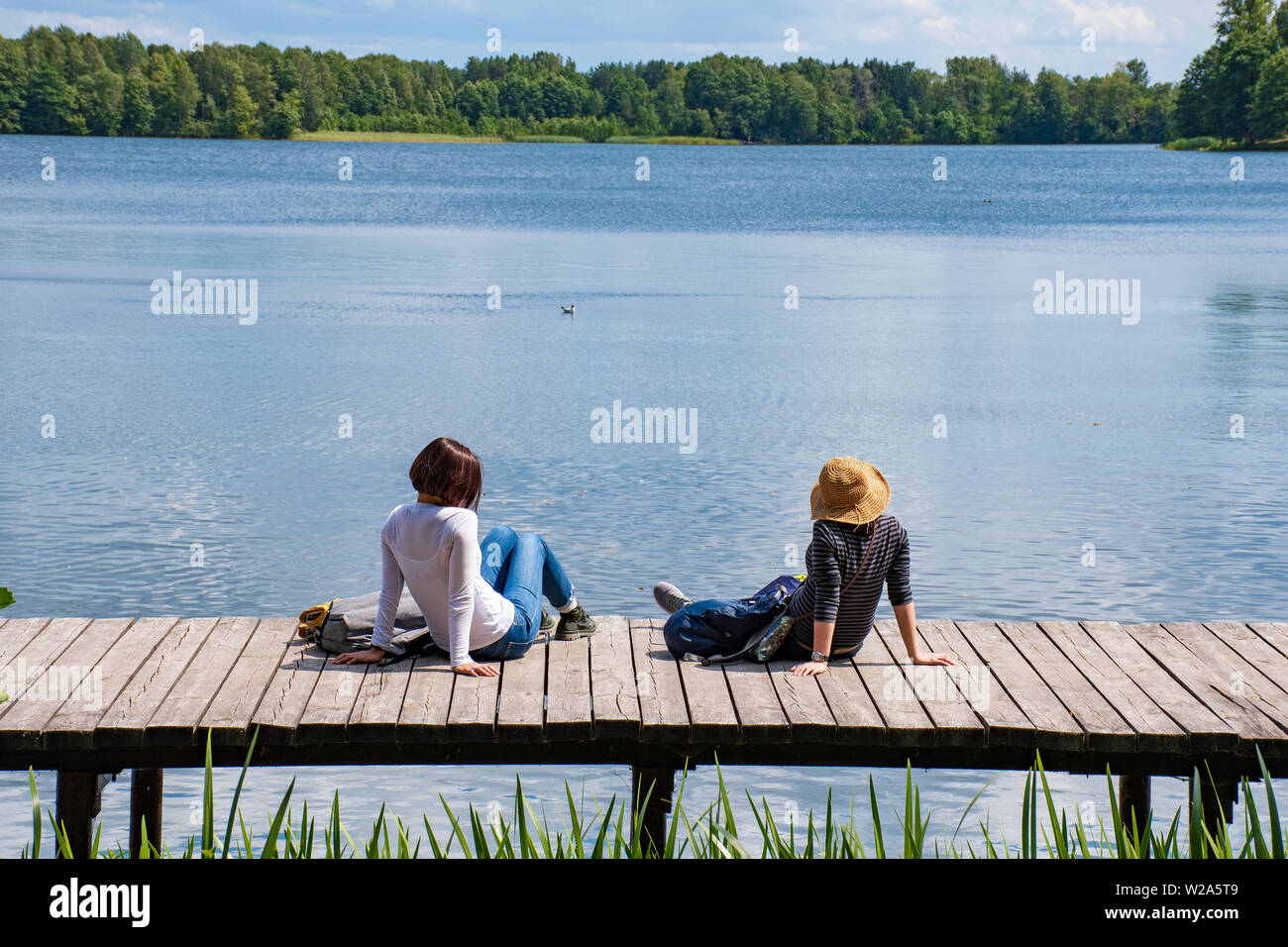 Due amici seduto su di un molo in legno su un lago godendo e rilassante l'aria pura della foresta e la natura Foto Stock