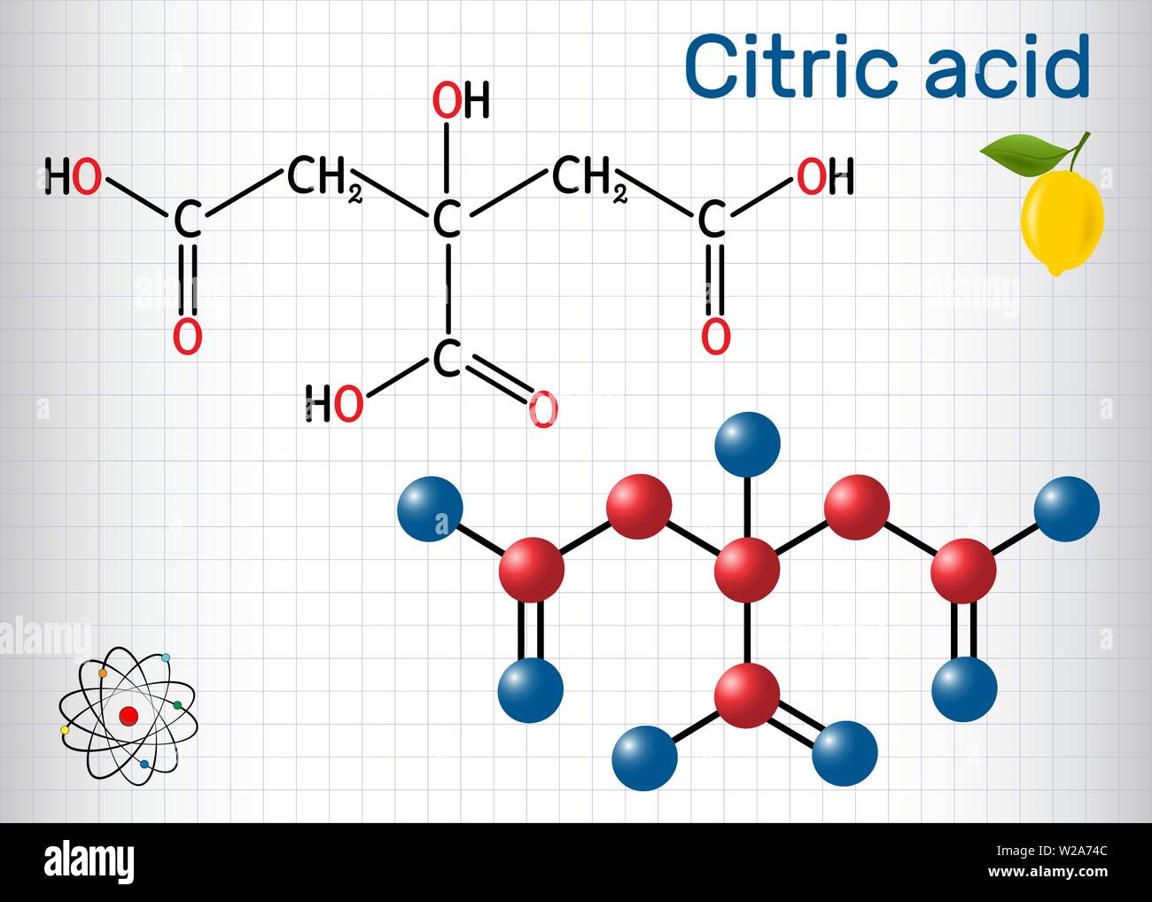 Acido citrico molecola, si trova negli agrumi, limoni e limette. Viene  utilizzato come additivo alimentare, agenti di pulizia, supplementi  nutrizionali Immagine e Vettoriale - Alamy