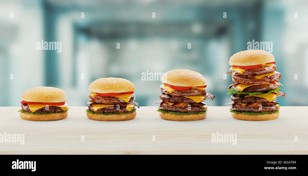 Hamburger. Fast food il concetto di dieta, compulsivo di surriscaldamenti e diete. Il rendering 3D Foto Stock