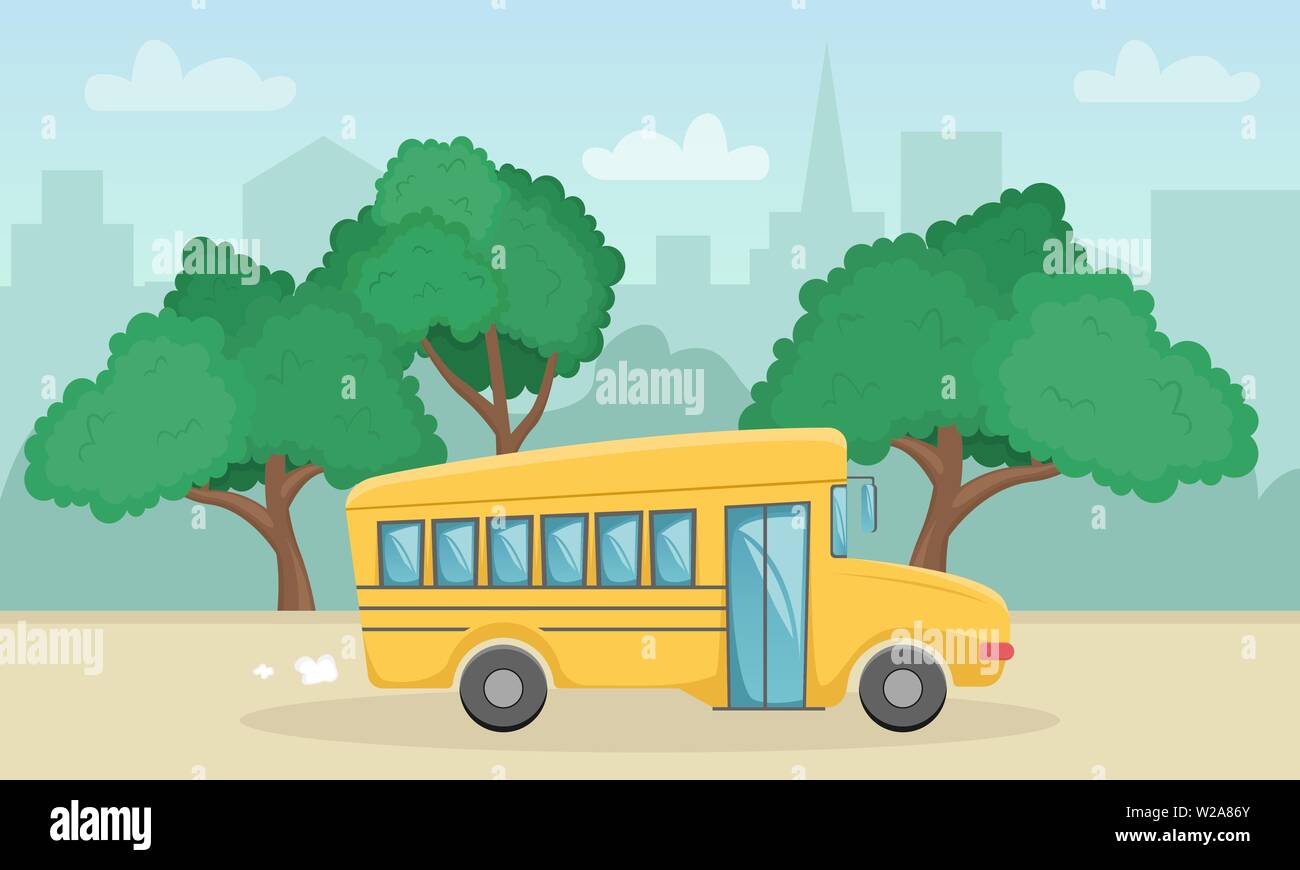 Paesaggio orizzontale con una scuola di giallo bus. Si torna a scuola. Nuovo anno accademico. Appartamento cartoon illustrazione. Illustrazione Vettoriale