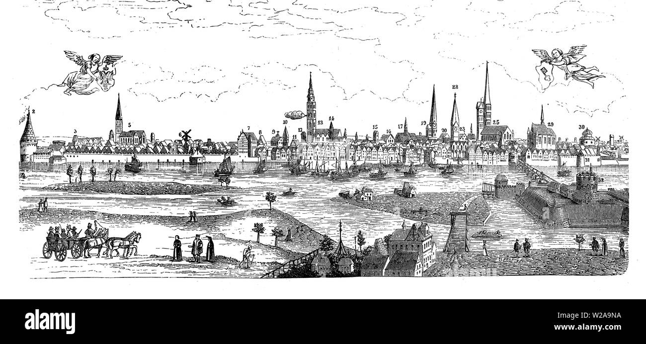 Stampa dell'anno 1602 di Brema tedesco libera città anseatica porta principale sul fiume Weser Foto Stock