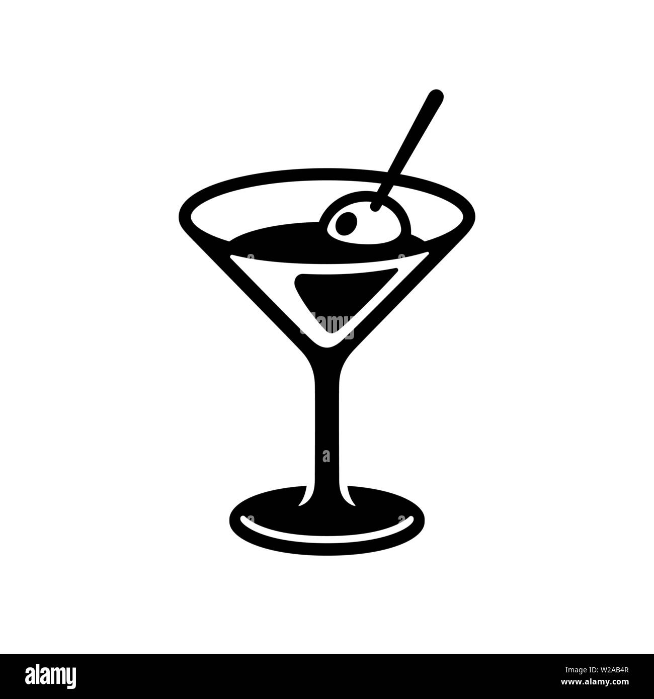 Bicchiere di martini cocktail con olio di oliva. Bianco e nero icona bere, semplice ed elegante bar logo. Vettore isolato clip art illustrazione. Illustrazione Vettoriale