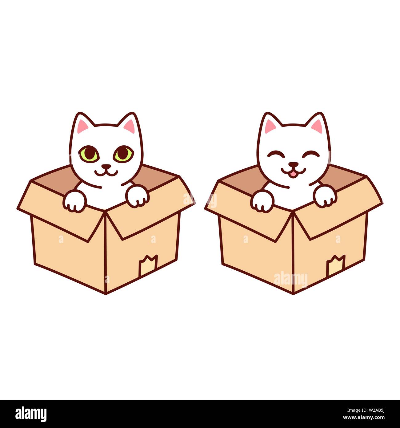 Carino Kitty bianca in una scatola di cartone. Funny cartoon cat seduto nella casella, vettore isolato clip art illustrazione. Illustrazione Vettoriale