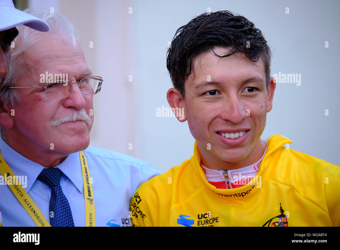 Ciclista Kevin Manuel Rivera Serrano (Team Androni Giocattoli- Sedermerc) dal Costa Rica in dopo aver vinto il Sibiu Tour in bicicletta luglio 7, 2019 Foto Stock