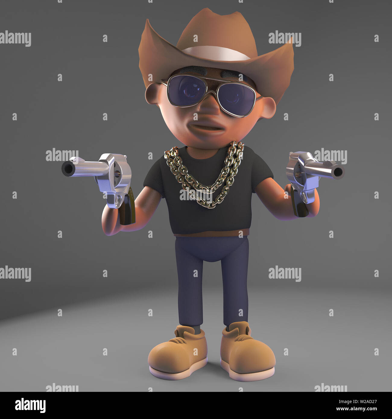Wild West black hiphop rapper indossa un cowboy stetson hat e pistole, 3D render illustrazione Foto Stock