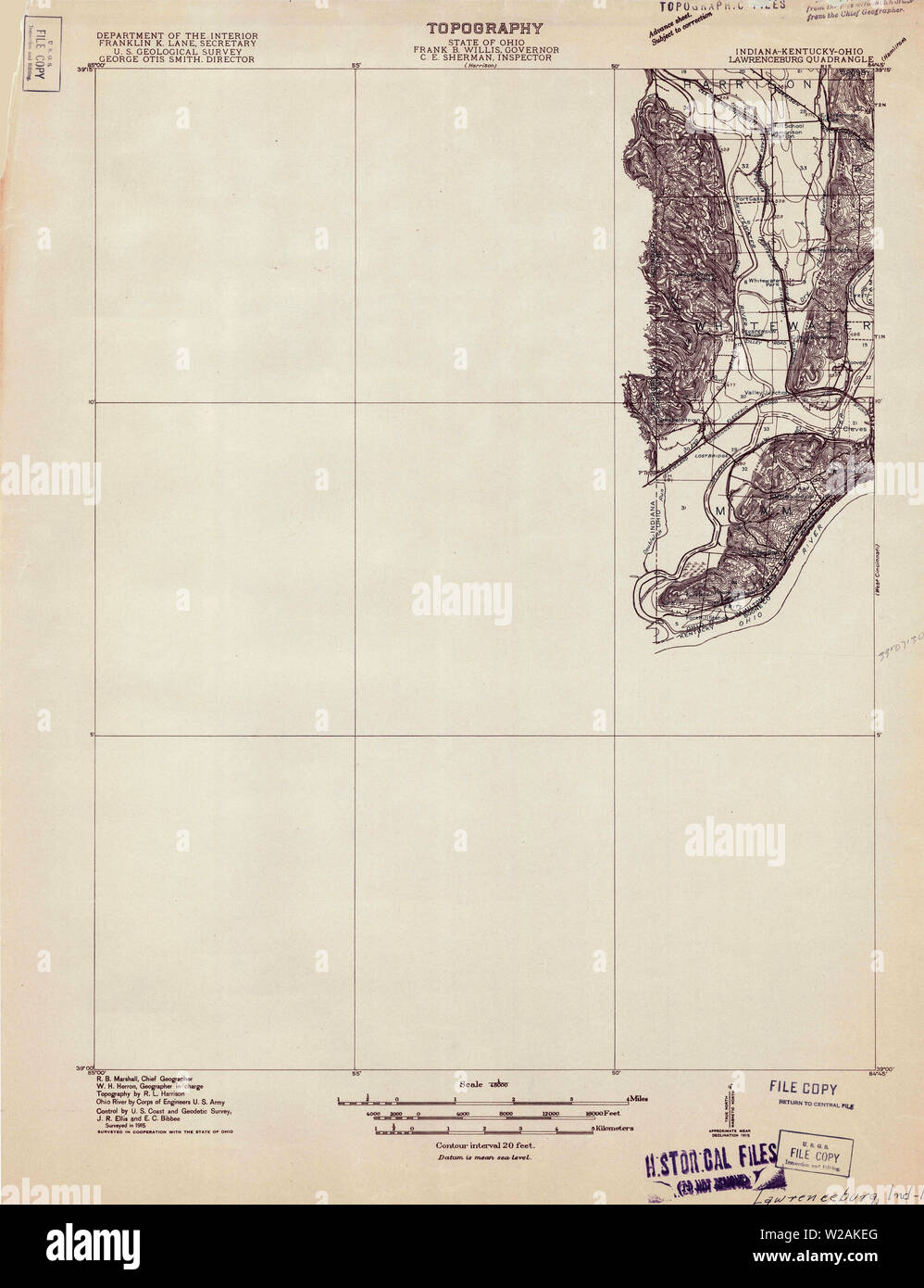 USGS TOPO Map Indiana IN Lawrenceburg 160502 1915 48000 Restauro Foto Stock