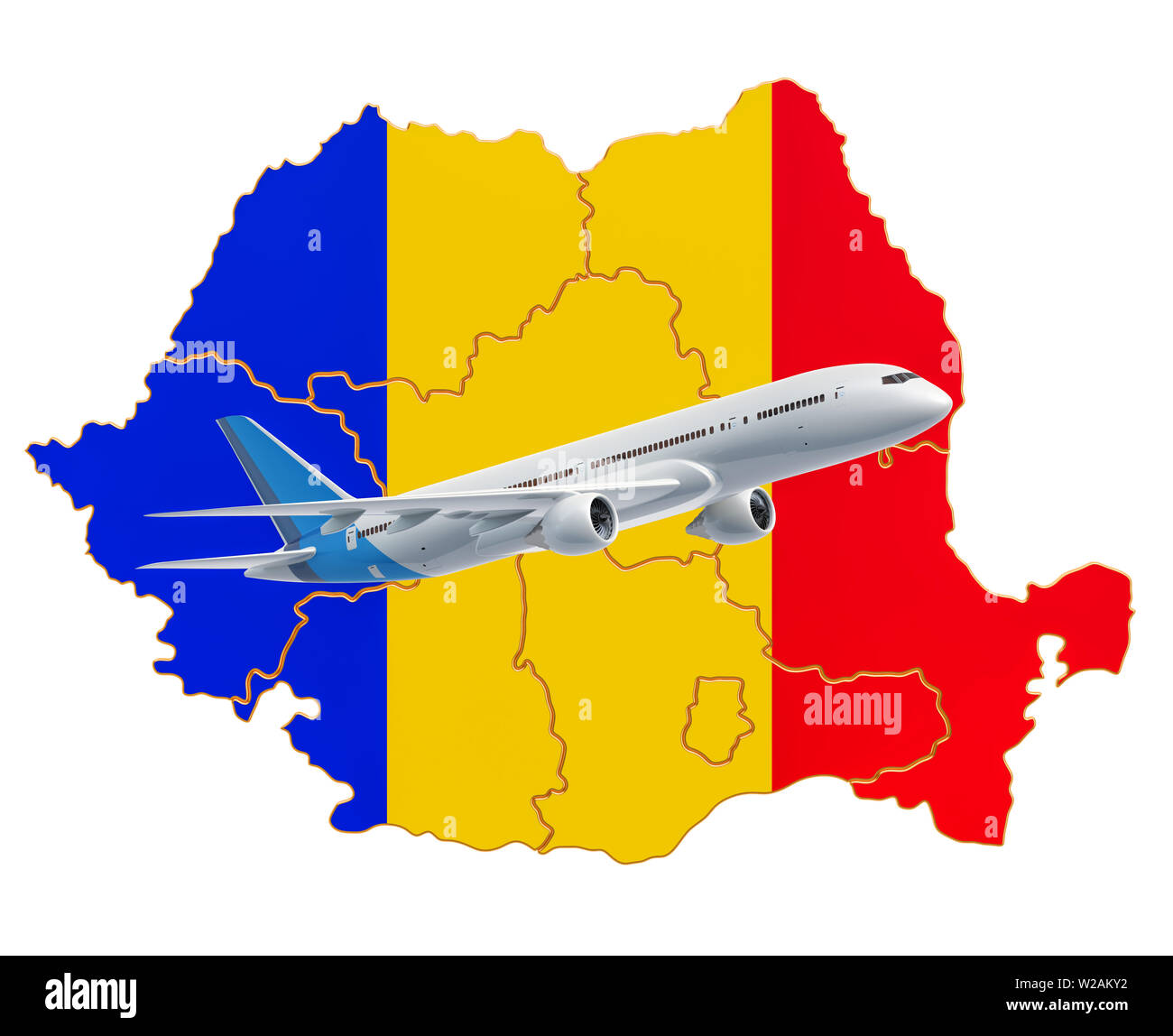 Voli per la Romania, il concetto di viaggio. 3D rendering isolati su sfondo bianco Foto Stock