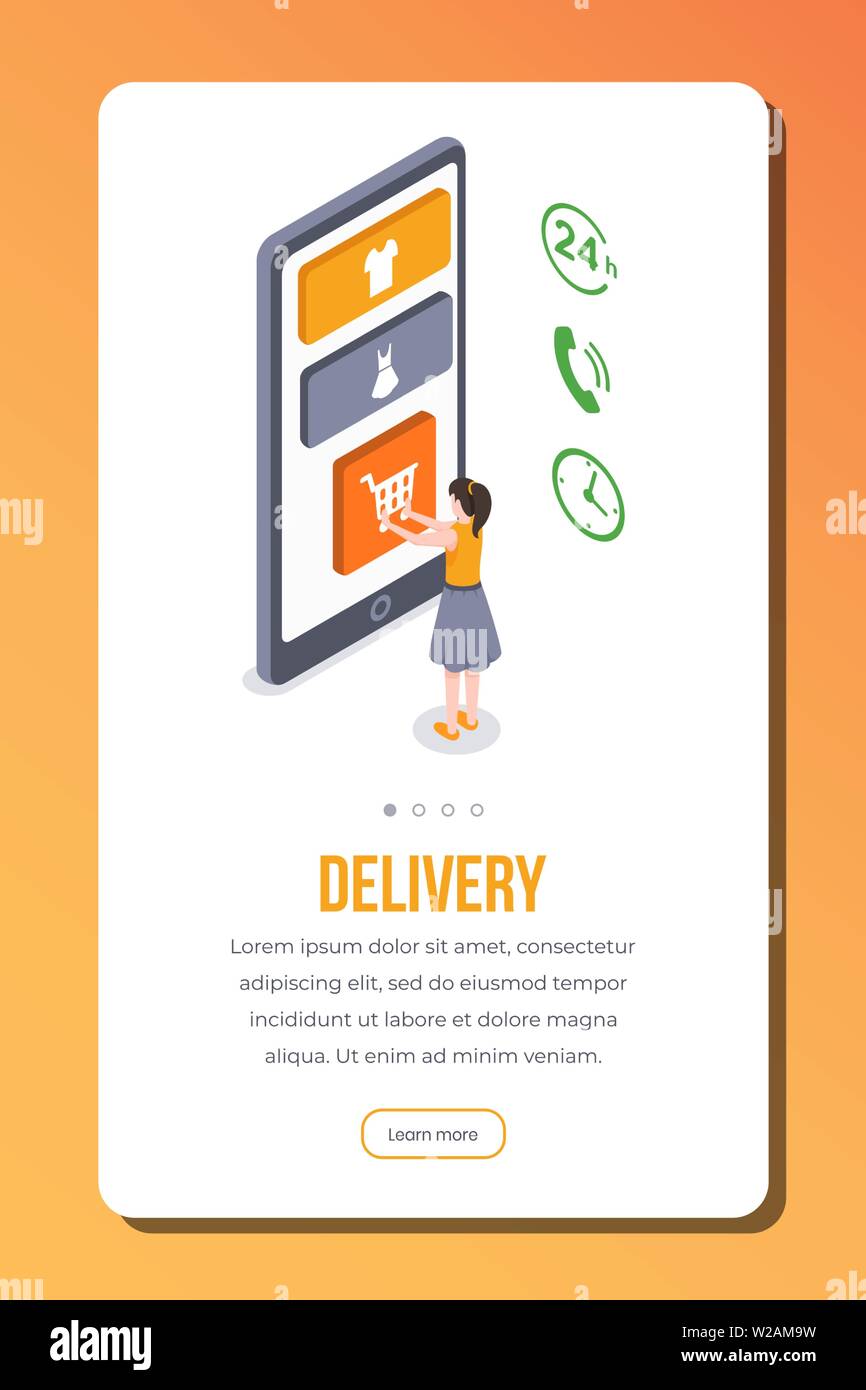 Consegna app isometrica pagina template vettoriale. Femmina, cliente acquirente facendo shopping, ordine di spedizione online. Reattivo di onboarding smartphone design del sito web, pagina web passi della procedura dettagliata Illustrazione Vettoriale