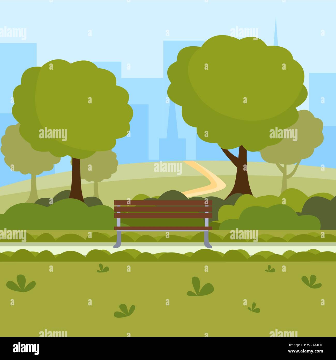 Parco Urbano del fumetto illustrazione vettoriale. Tempo libero sulla natura luogo pubblico, verdi alberi, panche in legno e moderni edifici cityspace. Il centro ricreativo central park disegno Illustrazione Vettoriale