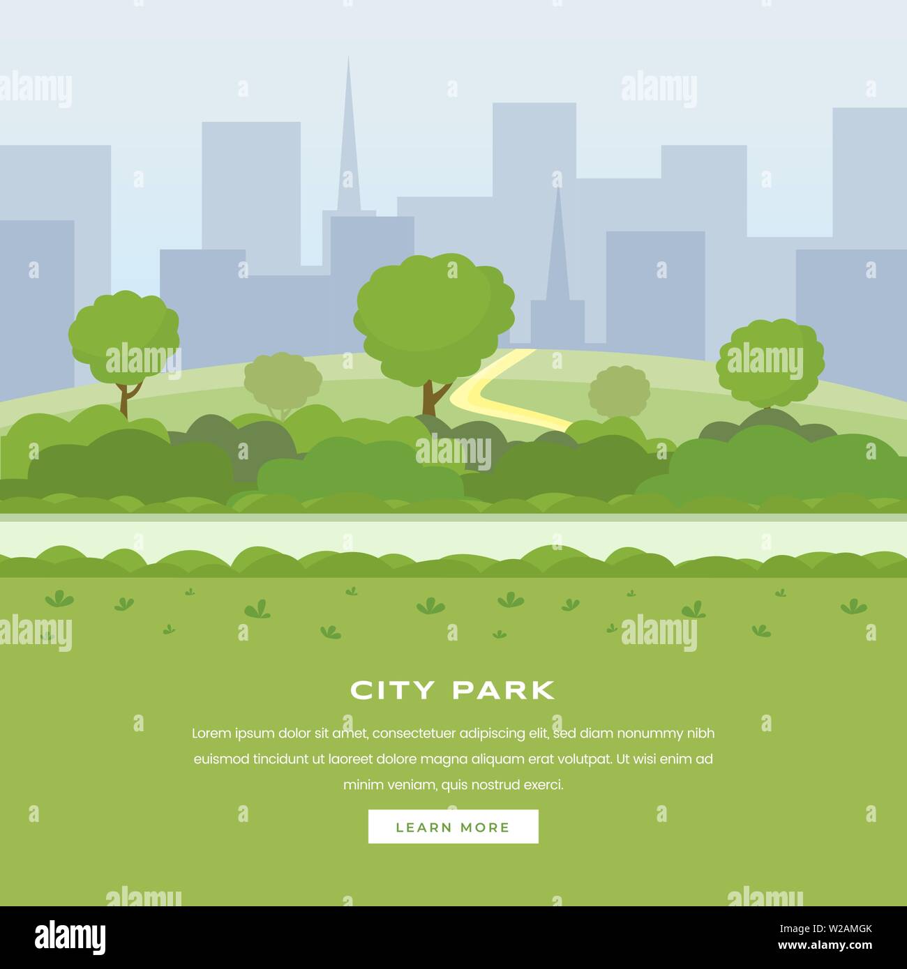 Città moderna vettore parco landing page. Verdi alberi e cespugli marciapiede, grattacieli cityspace, tempo libero sulla natura area pubblica. Attività ricreative parco urbano, giardino botanico website homepage Illustrazione Vettoriale