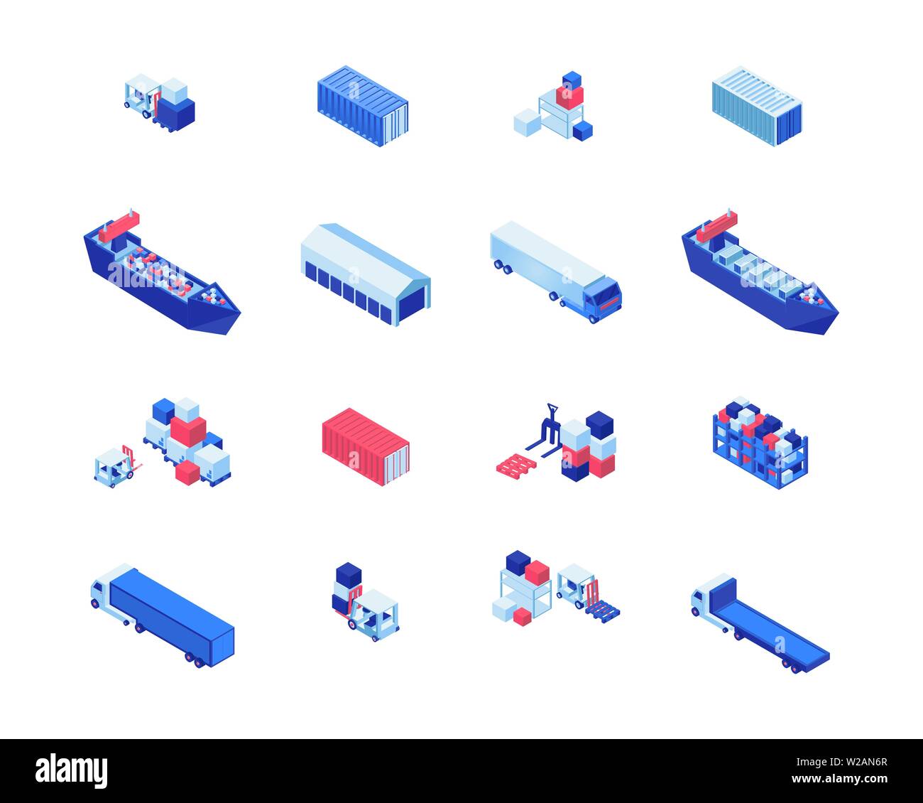 Navigazione commerciale isometrica illustrazioni vettoriali set. Navi merci, del magazzino di stoccaggio, carrelli elevatori trasporta un carico su camion e autocarri. Spedizione Marittima consegna, industria del trasporto di elementi di design Illustrazione Vettoriale