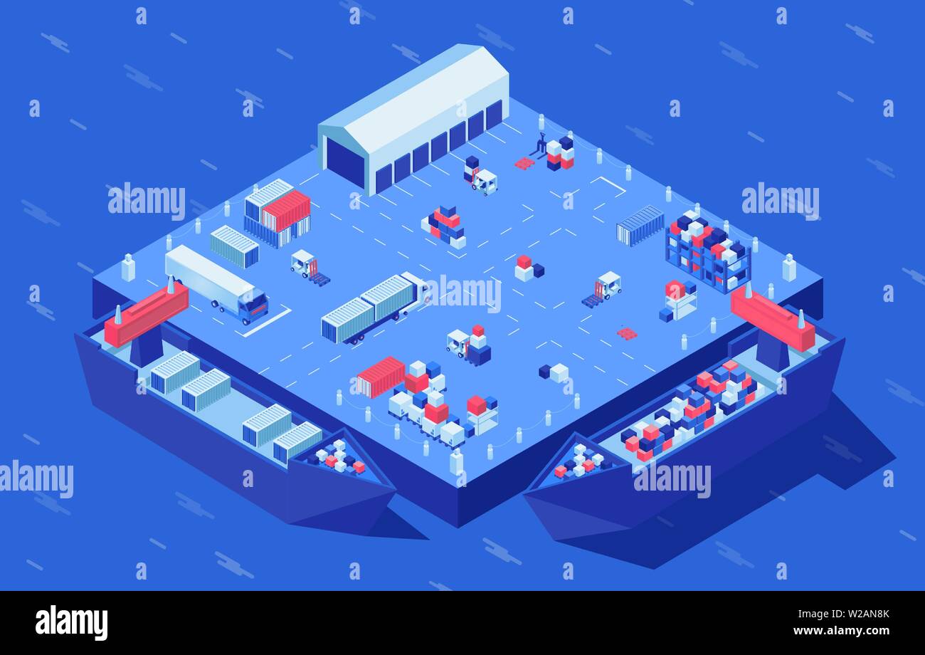 Contenitore cantiere isometrica illustrazione vettoriale. Recipiente di trasporto merci, merce e carico industriale al mozzo di logistica. Il commercio marittimo, la distribuzione merci e il servizio di memorizzazione spedizione servizio di consegna Illustrazione Vettoriale