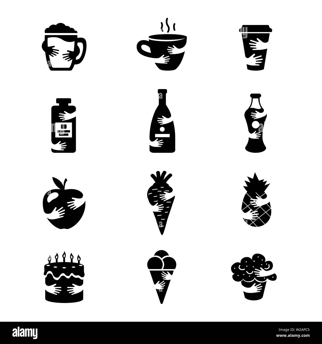 Cibo e bevande lo spazio negativo set di icone. Caffè caldo, alcool, frutta e verdura e dolci simboli di silhouette. Apple, carota, torte e gelati abbracciato da bracci vettore illustrazione isolato Illustrazione Vettoriale