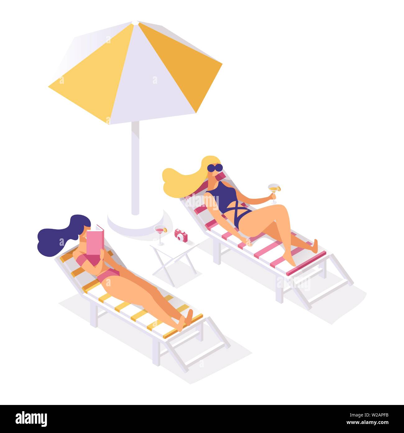 Amiche a prendere il sole e rilassarsi sulle sedie a sdraio. Drink, cocktail godendo la luce del sole sulla riva del mare, spiaggia isometrica illustrazione vettoriale. Estate vacanze, in riposo sotto ombrellone in ombra 3d concept Illustrazione Vettoriale