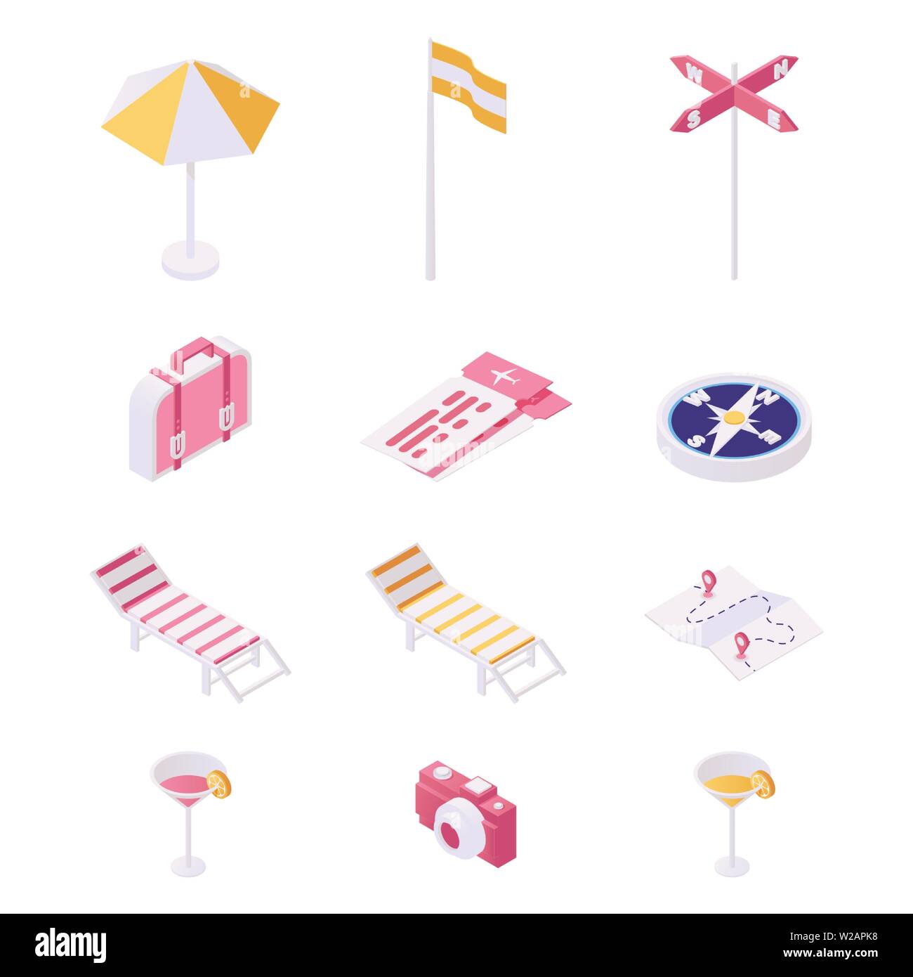 Viaggi e turismo illustrazione degli elementi set. Attrezzature per la spiaggia, Essentials per turisti e ospiti stranieri isometrica di raccolta del vettore. Sedie a sdraio, cocktail, resort di lusso attributo 3d concept Illustrazione Vettoriale