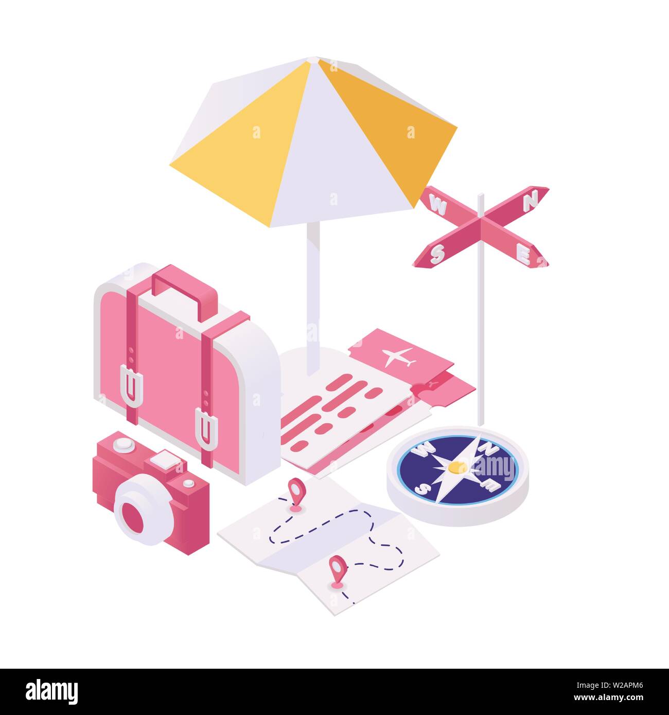 Ottenere pronto per il viaggio illustrazione isometrica. Sacchi di imballaggio per avventura turistica, estate vacanza 3d concetto. Pianificazione di viaggi summer weekend la posizione di riposo, vacation resort Illustrazione Vettoriale