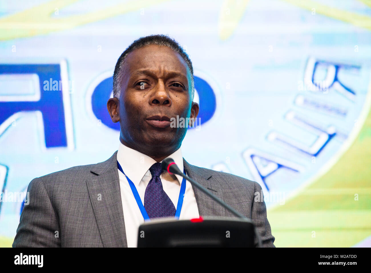 David Flatcher, Business Development, British Urenco parla in Ucraina Forum Nucleare, Kiev, 3 luglio 2019, Premier Palace, le quote del Regno Unito esperienza nucleare. Foto Stock
