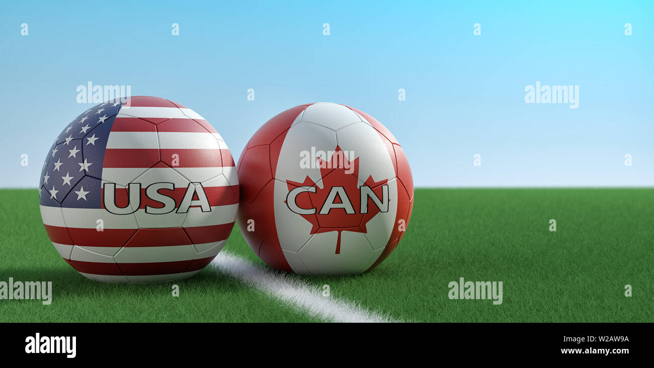 Stati Uniti d'America vs. Canada partita di calcio - palloni da calcio in  USA e Canada i colori nazionali su un campo di calcio. Copia dello spazio  sul lato destro - il