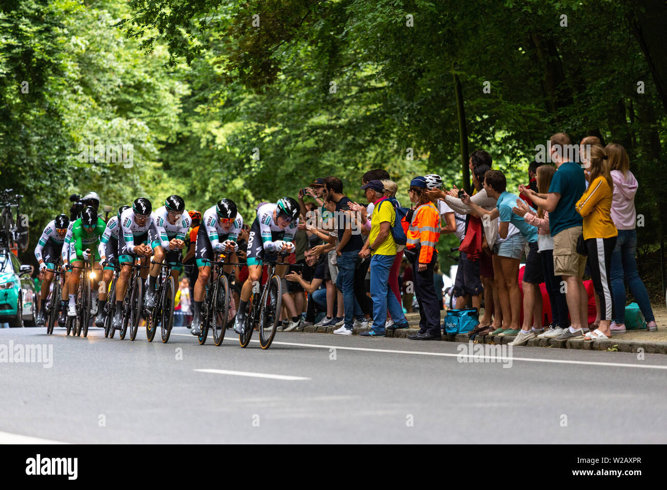 Bruxelles, Belgio. Il 7 luglio, 2019. Tempo fase di prova della grande partenza del Tour de France gara a Bruxelles, in Belgio. Foto Stock